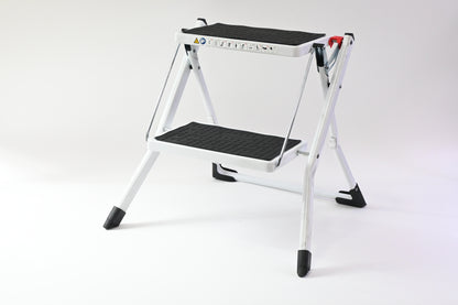 White Metal Step Stool, 2 Steps, Foldable, Non Slip Tread Steps