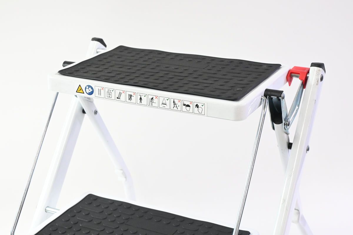 White Metal Step Stool, 2 Steps, Foldable, Non Slip Tread Steps