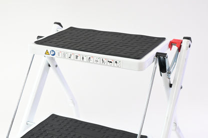 White Metal Step Stool, 2 Steps, Foldable, Non Slip Tread Steps