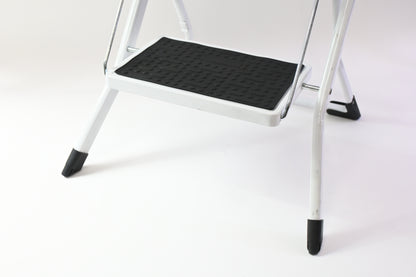 White Metal Step Stool, 2 Steps, Foldable, Non Slip Tread Steps