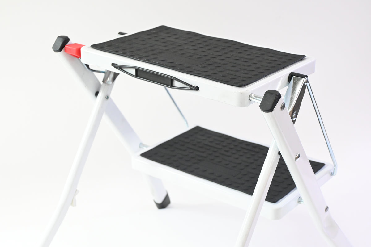 White Metal Step Stool, 2 Steps, Foldable, Non Slip Tread Steps