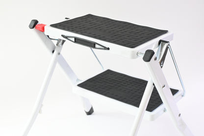 White Metal Step Stool, 2 Steps, Foldable, Non Slip Tread Steps