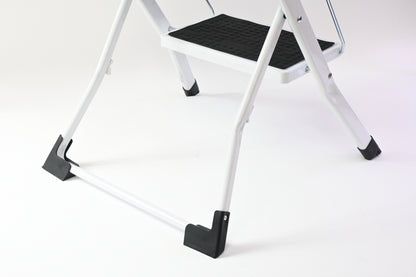 White Metal Step Stool, 2 Steps, Foldable, Non Slip Tread Steps