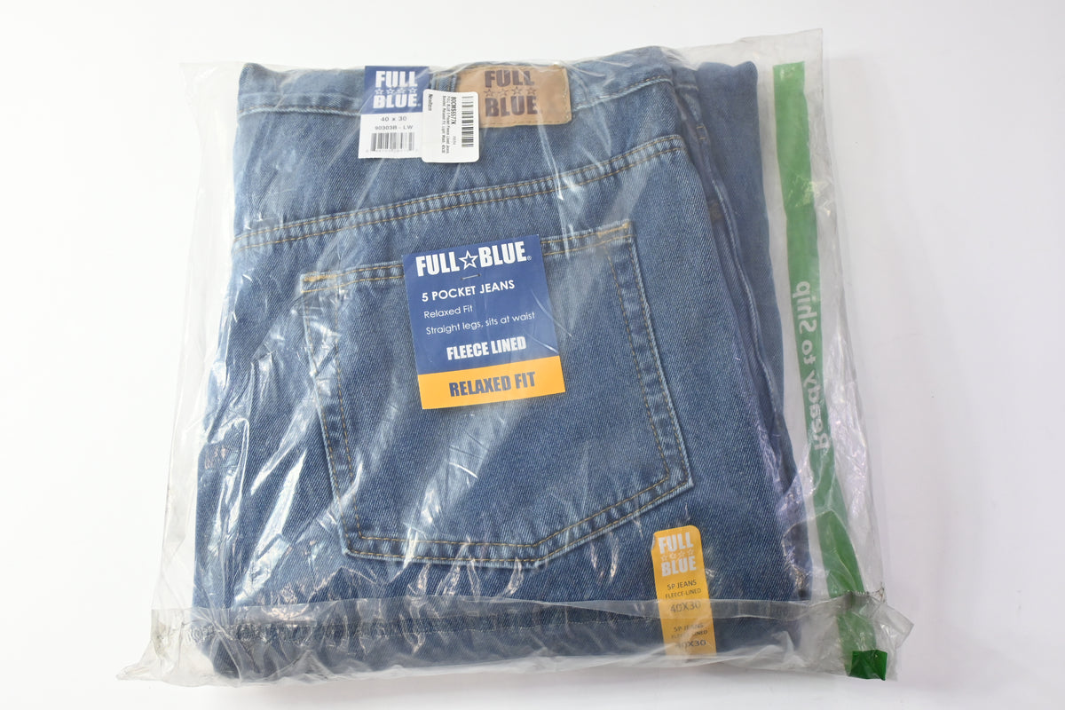FULL BLUE 5 Pocket Fleece Lined Jeans, Bonded, Relaxed Fit, Light Wash, 40"x30"