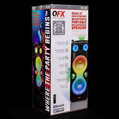 QFX PBX-1260 Dual 12" Party Speaker Rechargeable Battery LED Lights Bluetooth