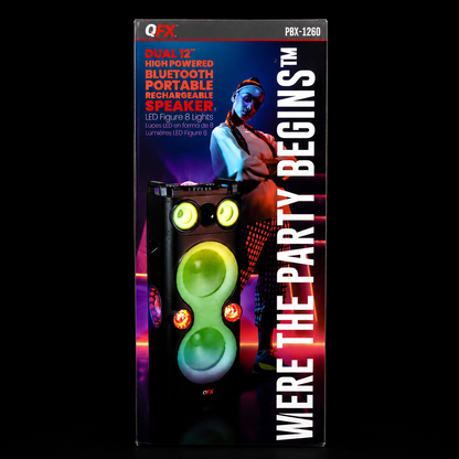 QFX PBX-1260 Dual 12" Party Speaker Rechargeable Battery LED Lights Bluetooth