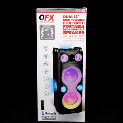 QFX PBX-1260 Dual 12" Party Speaker Rechargeable Battery LED Lights Bluetooth