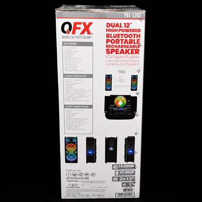 QFX PBX-1260 Dual 12" Party Speaker Rechargeable Battery LED Lights Bluetooth
