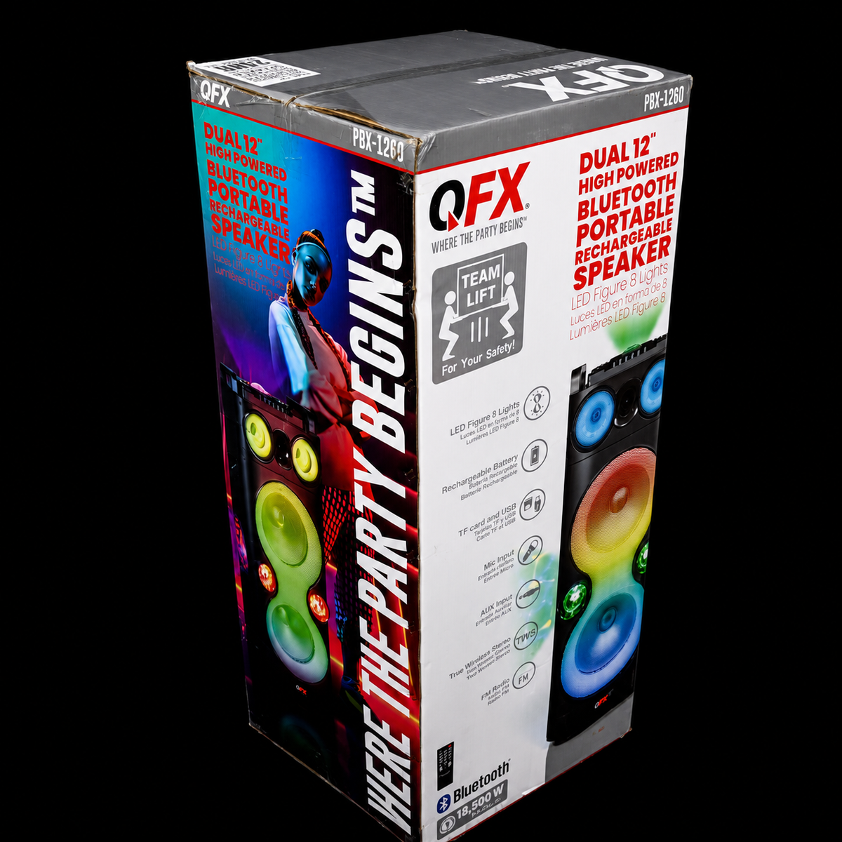 QFX PBX-1260 Dual 12" Speaker with Rechargeable Battery and LED Lights