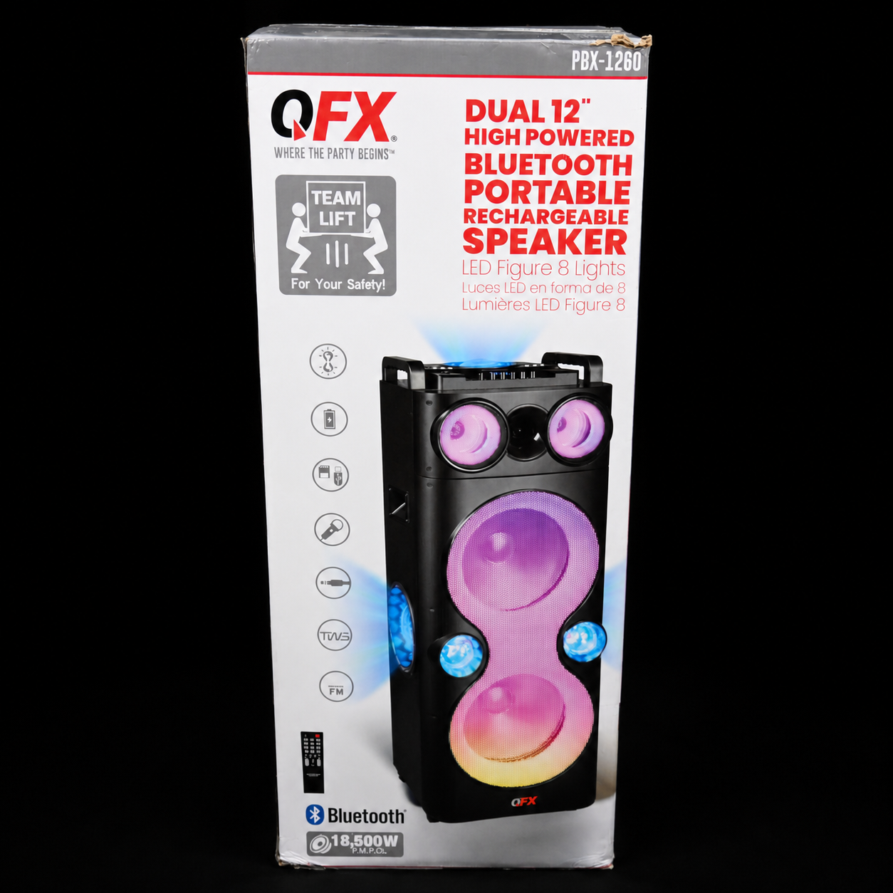 QFX PBX-1260 Dual 12" Speaker with Rechargeable Battery and LED Lights