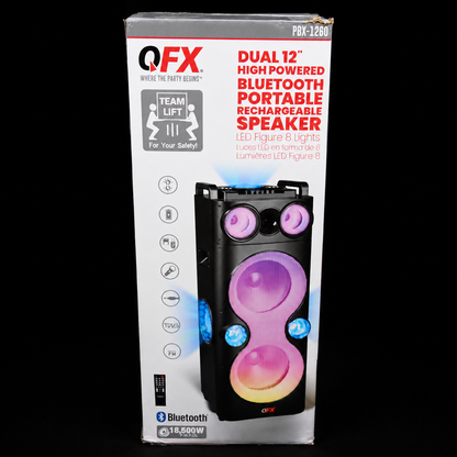 QFX PBX-1260 Dual 12" Speaker with Rechargeable Battery and LED Lights